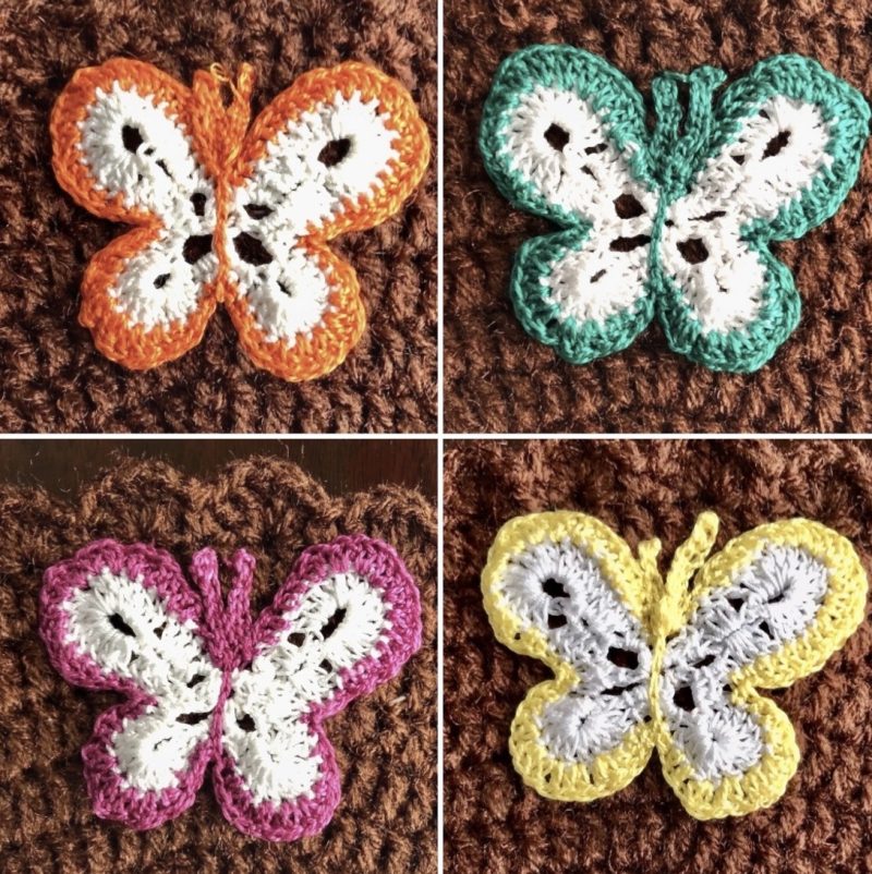 Set of 6 Handmade Crochet Placemats – Round Brown Dining Mats with Colorful 3D Butterflies