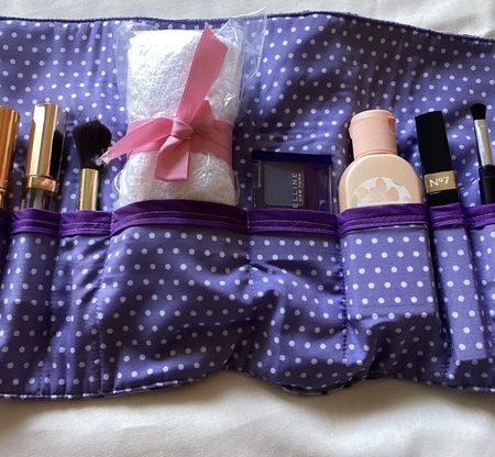 Purple Flower Fabric Jewellery Wrap/Make Up Brushes Holder