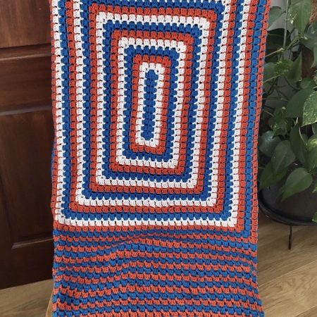 Handmade Crochet Blanket - Royal Blue, Orange & White Granny Square Throw (57" x 48")