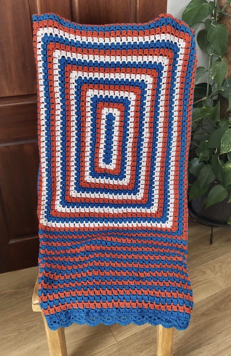 Handmade Crochet Blanket - Royal Blue, Orange & White Granny Square Throw (57" x 48")