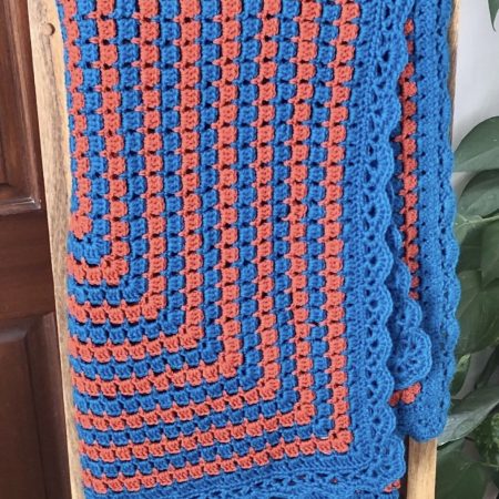 Handmade Crochet Blanket - Royal Blue, Orange & White Granny Square Throw (57" x 48")
