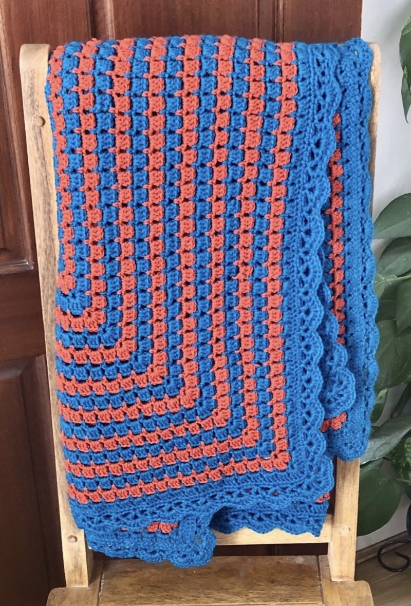 Handmade Crochet Blanket - Royal Blue, Orange & White Granny Square Throw (57" x 48")