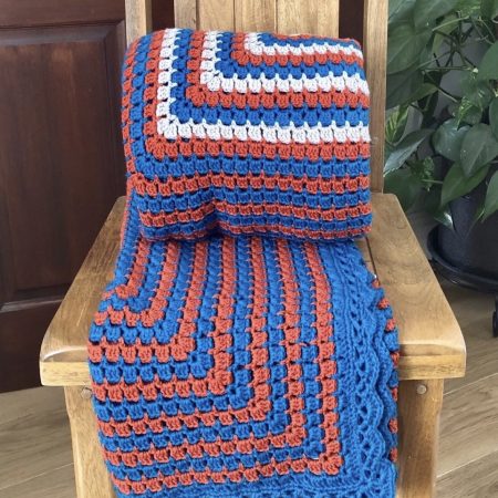 Handmade Crochet Blanket - Royal Blue, Orange & White Granny Square Throw (57" x 48")