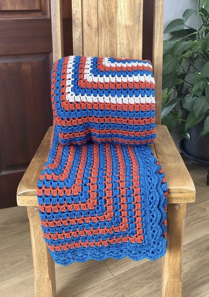 Handmade Crochet Blanket - Royal Blue, Orange & White Granny Square Throw (57" x 48")