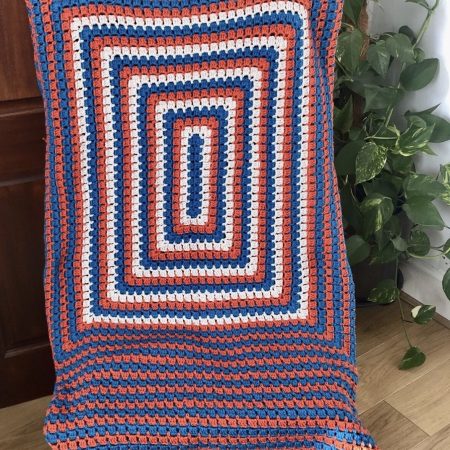 Handmade Crochet Blanket - Royal Blue, Orange & White Granny Square Throw (57" x 48")