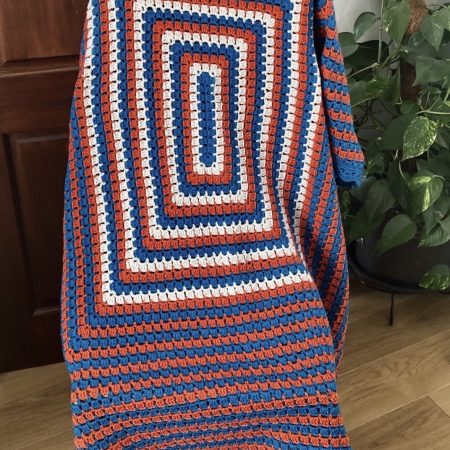 Handmade Crochet Blanket - Royal Blue, Orange & White Granny Square Throw (57" x 48")