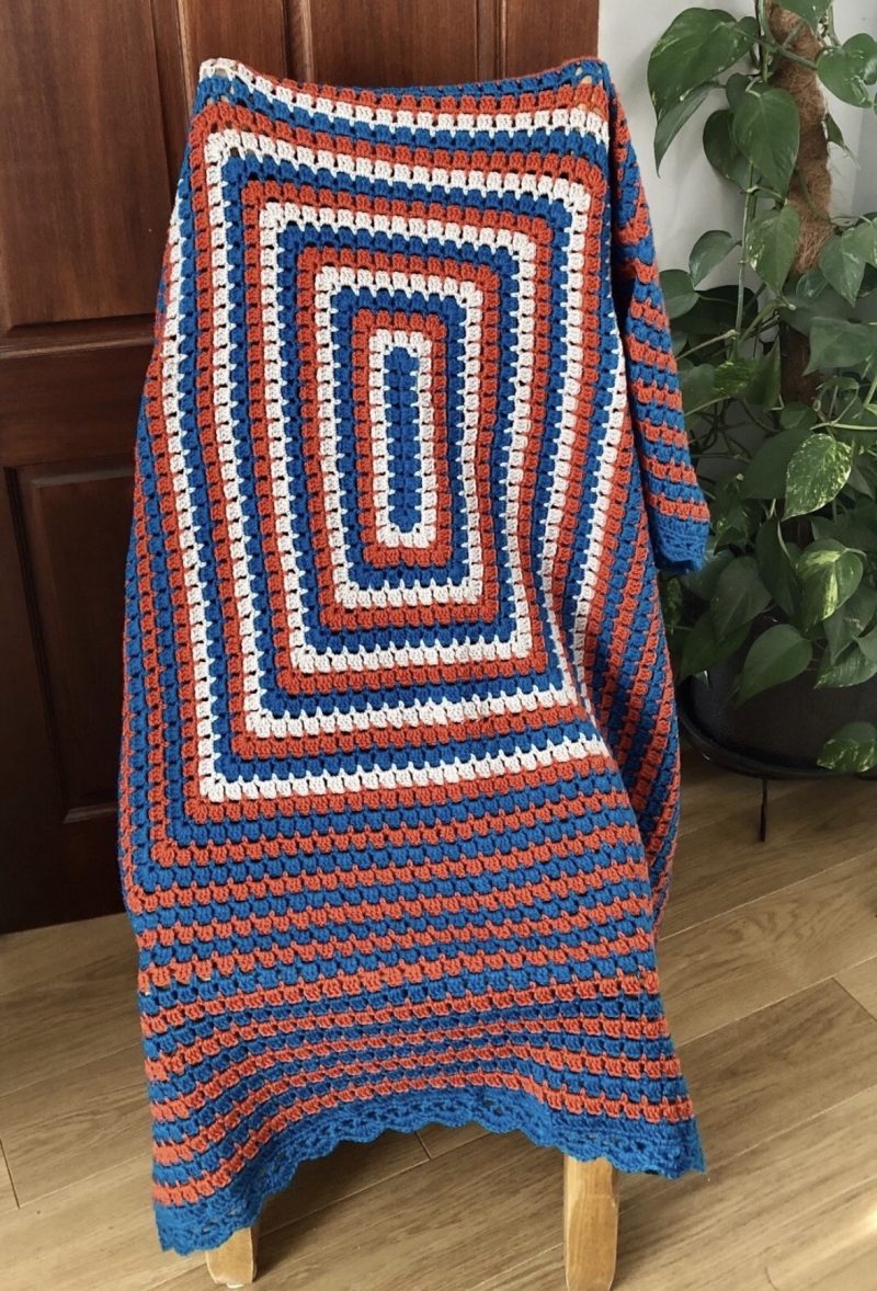 Handmade Crochet Blanket - Royal Blue, Orange & White Granny Square Throw (57" x 48")