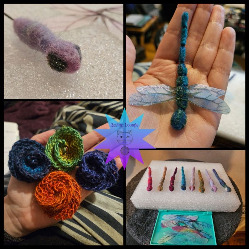 Needle felted dragonfly bauble - purple highlights with red flower
