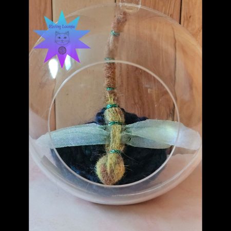 Needle felted dragonfly bauble - yellow highlights with blue flower