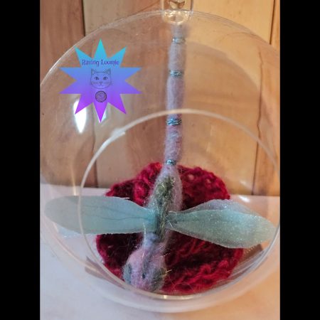 Needle felted dragonfly bauble - silver highlights with red flower