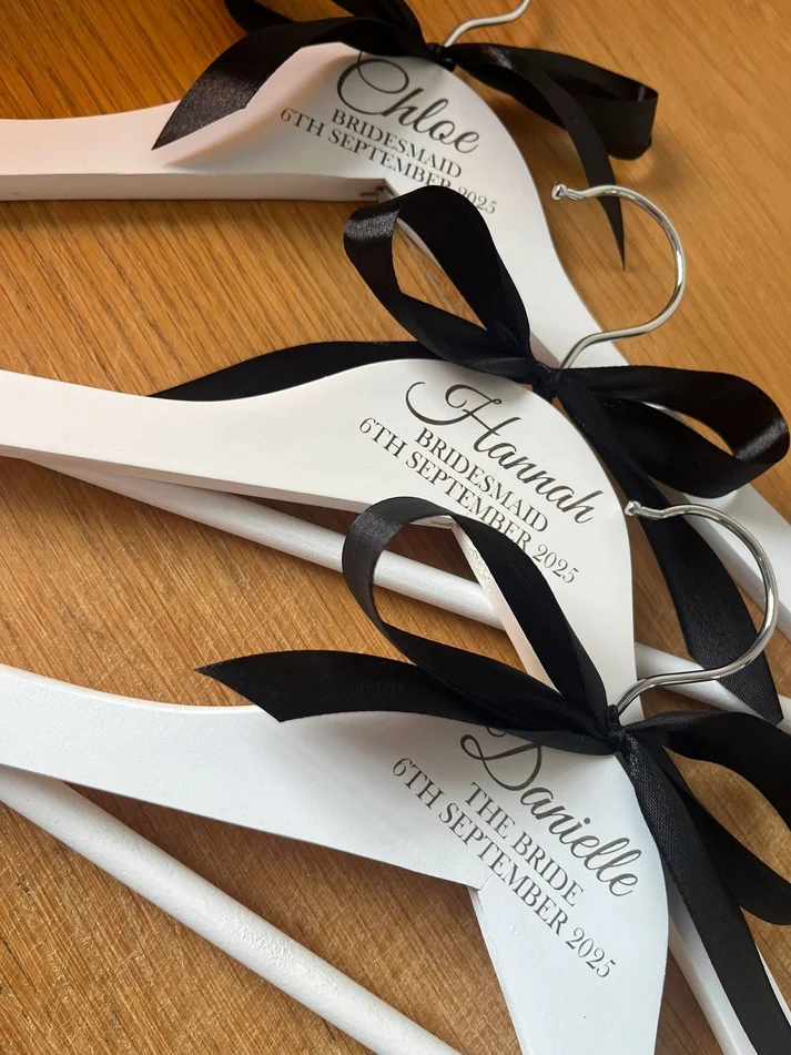 Laser Engraved Personalised White Wooden Wedding Hangers
