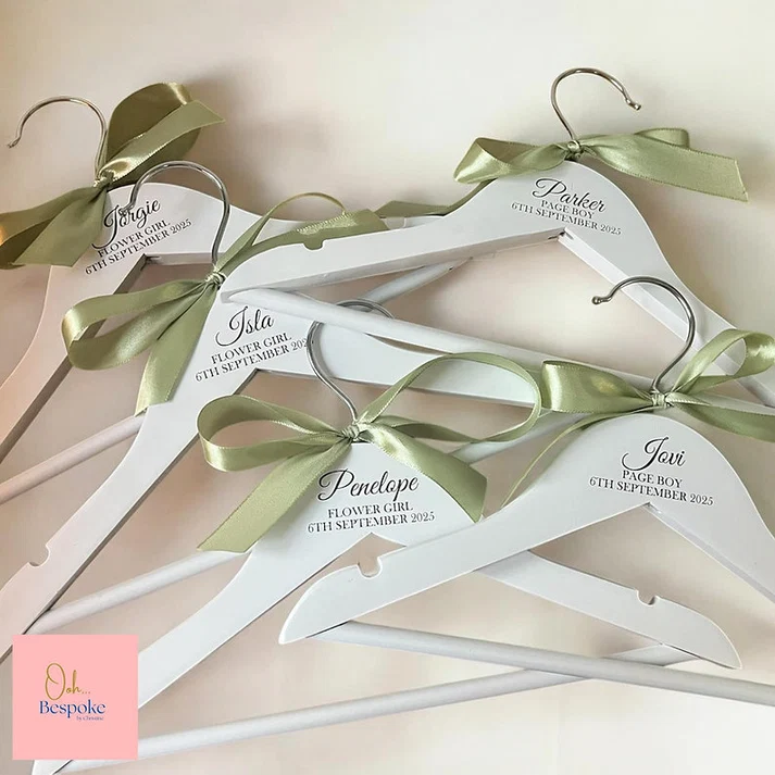 Laser Engraved Personalised White Wooden Wedding Hangers