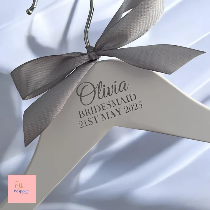 Laser Engraved Personalised White Wooden Wedding Hangers