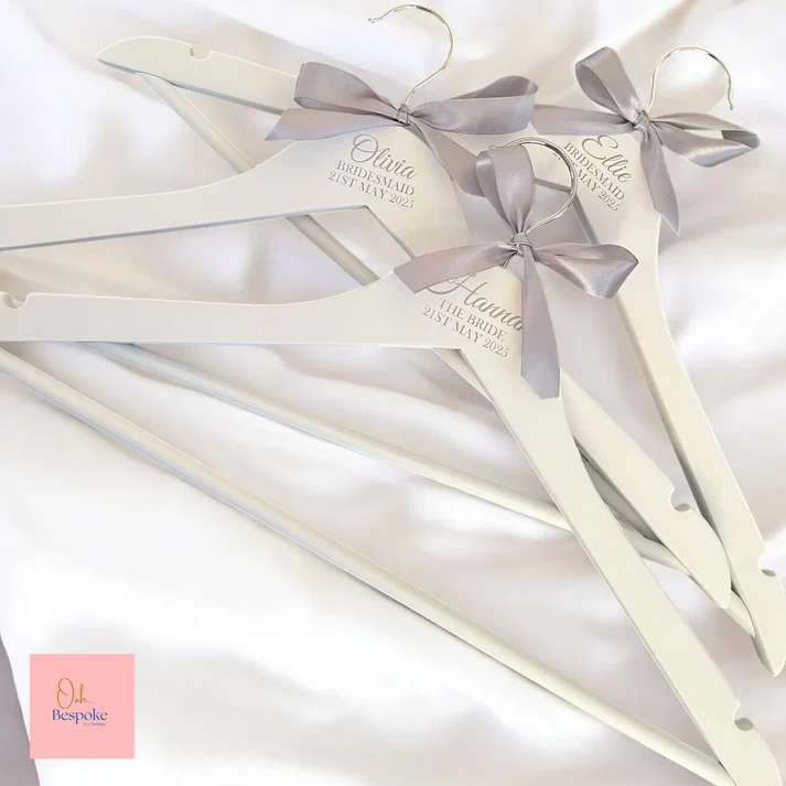 Laser Engraved Personalised White Wooden Wedding Hangers