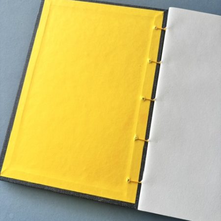 A5 Coptic stitch sketchbook | 48 pages | Blue book cloth cover | Yellow Bookworm | Elastic closure | Hand stitched