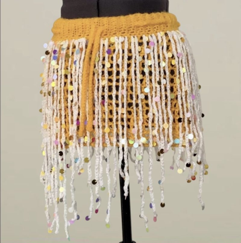 Handmade Yellow Crochet Sequin Fringe Festival Mini Skirt Rave Wear UK 6