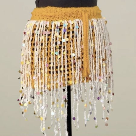 Handmade Yellow Crochet Sequin Fringe Festival Mini Skirt Rave Wear UK 6