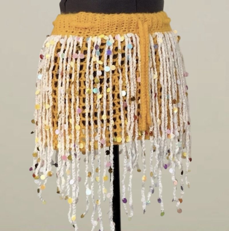 Handmade Yellow Crochet Sequin Fringe Festival Mini Skirt Rave Wear UK 6