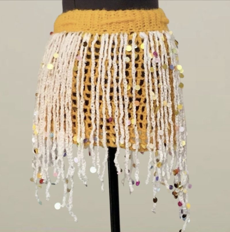 Handmade Yellow Crochet Sequin Fringe Festival Mini Skirt Rave Wear UK 6