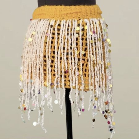 Handmade Yellow Crochet Sequin Fringe Festival Mini Skirt Rave Wear UK 6