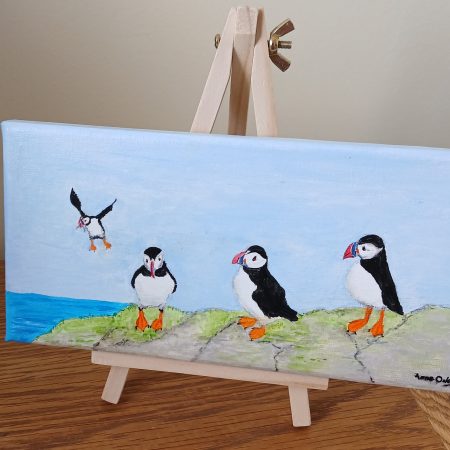 Hand-Painted Acrylic Puffins Canvas, 8x4 Inches, Ready to Hang