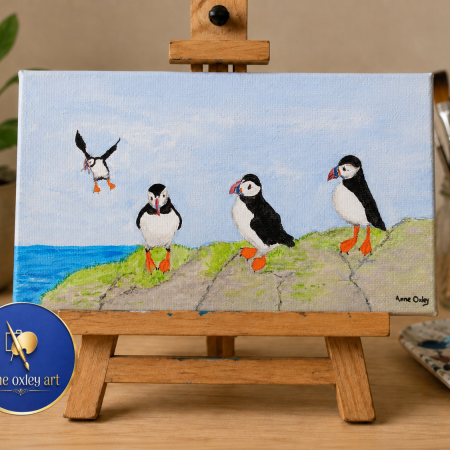 Hand-Painted Acrylic Puffins Canvas, 8x4 Inches, Ready to Hang