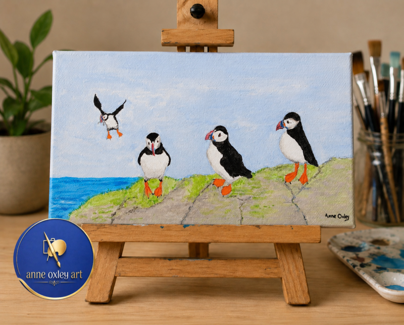 Hand-Painted Acrylic Puffins Canvas, 8x4 Inches, Ready to Hang
