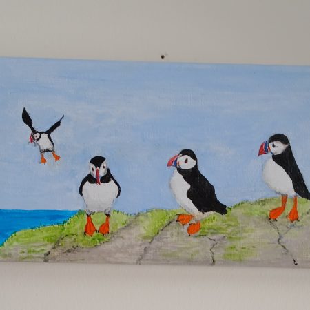 Hand-Painted Acrylic Puffins Canvas, 8x4 Inches, Ready to Hang