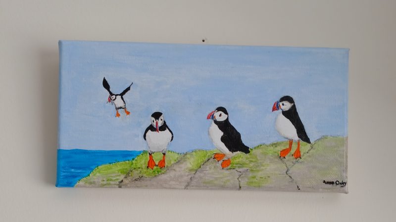 Hand-Painted Acrylic Puffins Canvas, 8x4 Inches, Ready to Hang