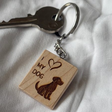 Laser engraved keyring in maple with dog to dog lovers