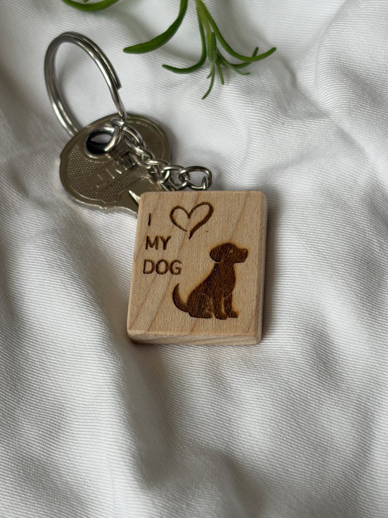 Laser engraved keyring in maple with dog to dog lovers