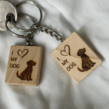 Laser engraved keyring in maple with dog to dog lovers
