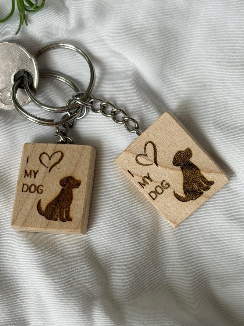 Laser engraved keyring in maple with dog to dog lovers