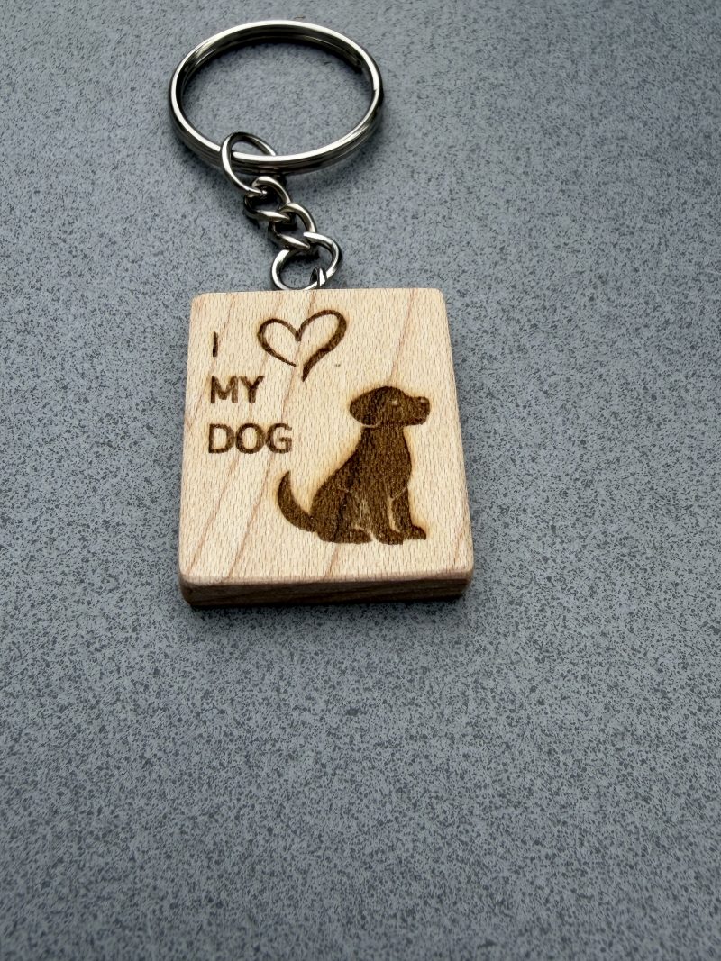 Laser engraved keyring in maple with dog to dog lovers