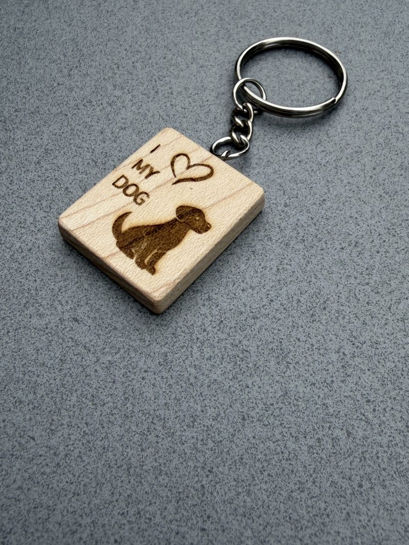 Laser engraved keyring in maple with dog to dog lovers