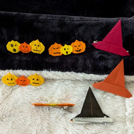 (Free UK Delivery) Origami Halloween Hair Clips (Witch Hat/Pumpkin Trio)