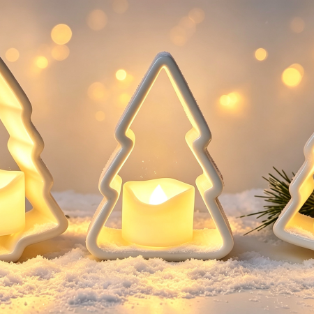 Christmas Tree Tealight Holders — Glow-Through Festive Decor set of three. Can be coloured with acrylic paints to your own design. Perfect for table decoration or display on the sideboard