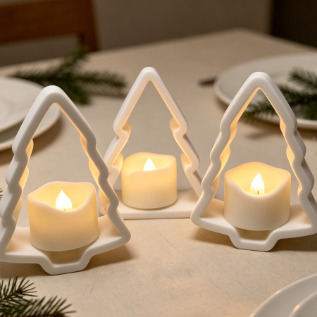 Christmas Tree Tealight Holders — Glow-Through Festive Decor set of three. Can be coloured with acrylic paints to your own design. Perfect for table decoration or display on the sideboard