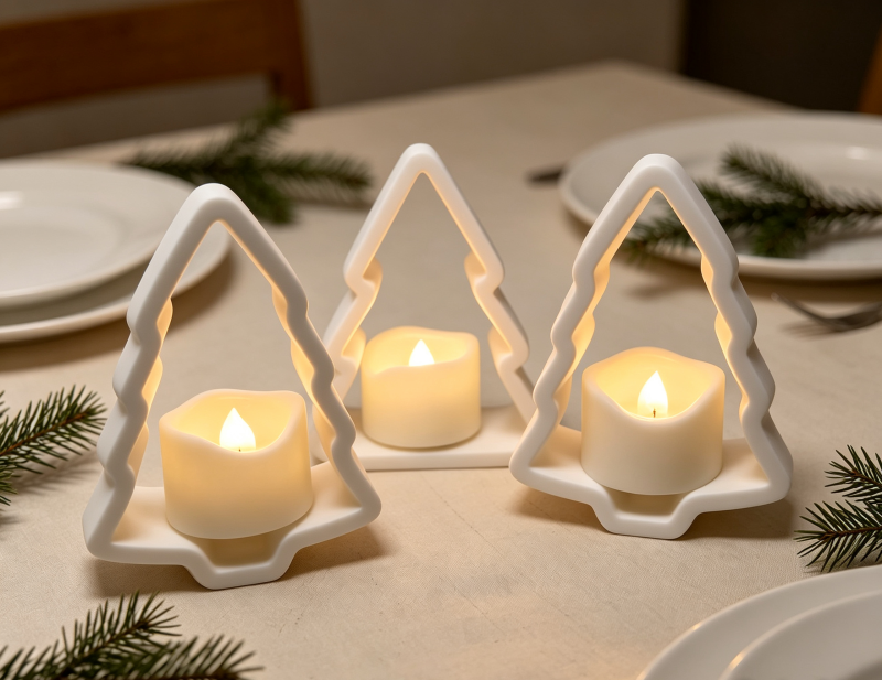 Christmas Tree Tealight Holders — Glow-Through Festive Decor set of three. Can be coloured with acrylic paints to your own design. Perfect for table decoration or display on the sideboard