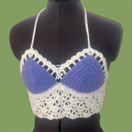 Handmade Crochet Halter Neck Crop Top – Pastel Lilac & White Boho Bralette (Size S)