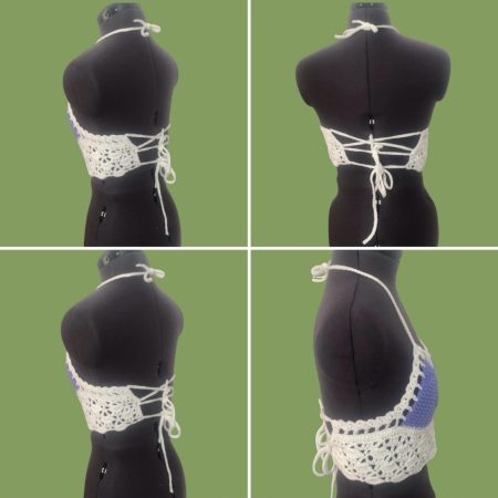 Handmade Crochet Halter Neck Crop Top – Pastel Lilac & White Boho Bralette (Size S)