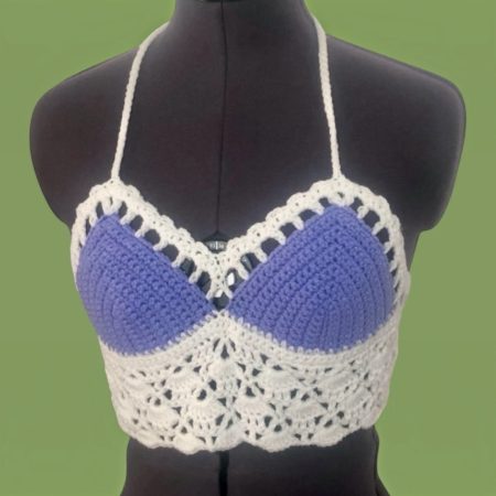 Handmade Crochet Halter Neck Crop Top – Pastel Lilac & White Boho Bralette (Size S)