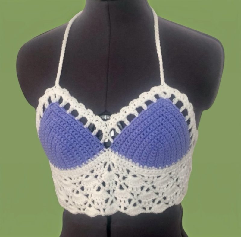 Handmade Crochet Halter Neck Crop Top – Pastel Lilac & White Boho Bralette (Size S)