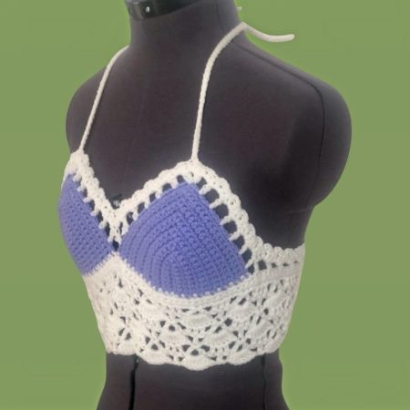 Handmade Crochet Halter Neck Crop Top – Pastel Lilac & White Boho Bralette (Size S)