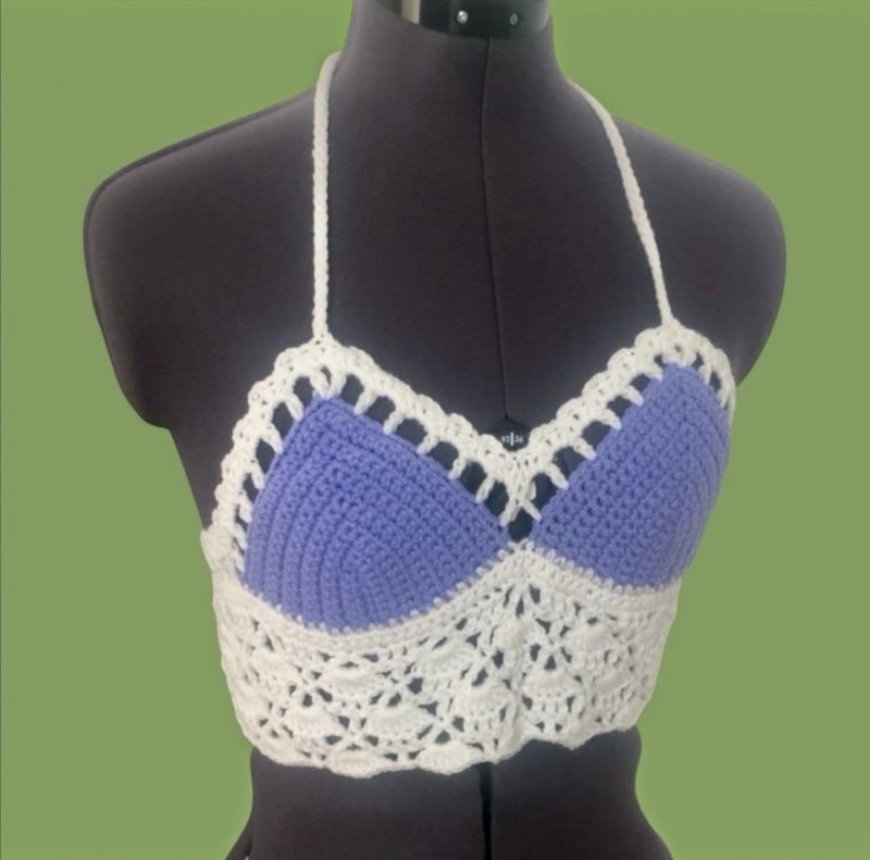 Handmade Crochet Halter Neck Crop Top – Pastel Lilac & White Boho Bralette (Size S)