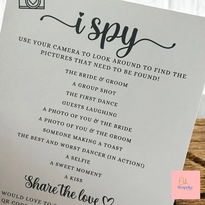 Wedding I Spy Cards with QR Code – Guest Photo Game