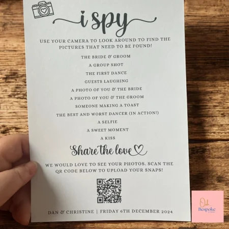 Wedding I Spy Cards with QR Code – Guest Photo Game