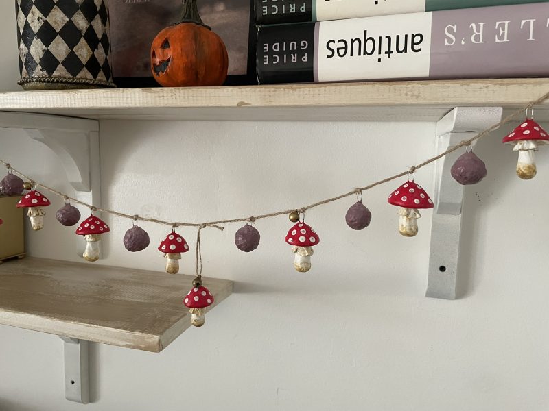 Handmade Enchanted Mushroom Garland with Clay Decorations, 66 cm
