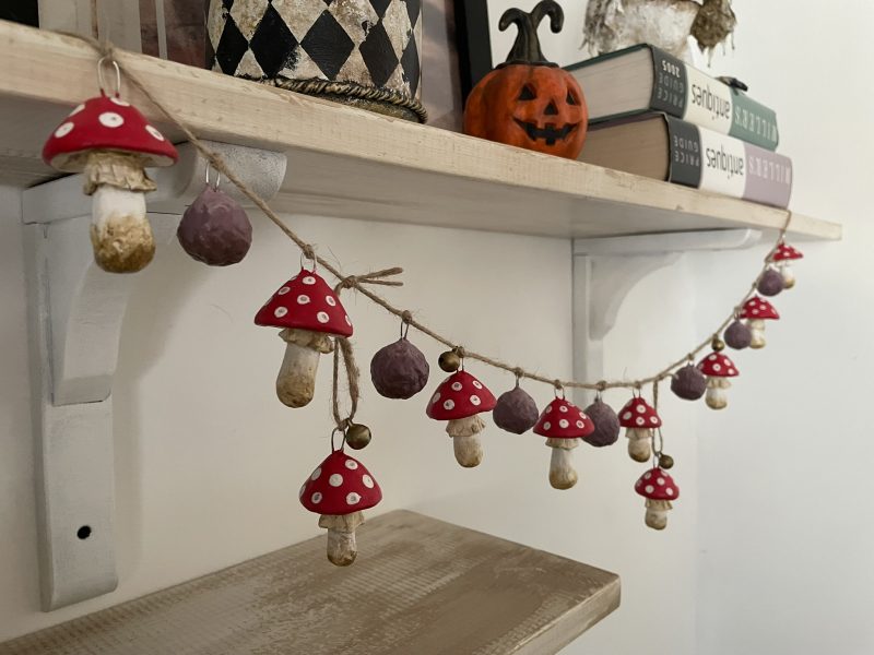 Handmade Enchanted Mushroom Garland with Clay Decorations, 66 cm