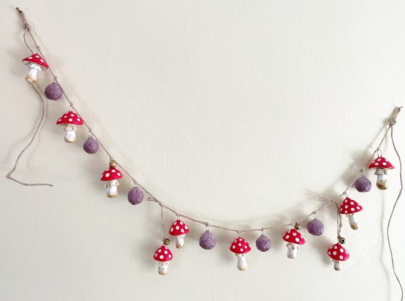 Handmade Enchanted Mushroom Garland with Clay Decorations, 66 cm